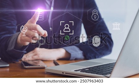 Interactive KYC compliance interface with the user. Business professional interacting with a Know Your Customer (KYC) compliance and security interface on digital screen. Identity verification, E KYC	