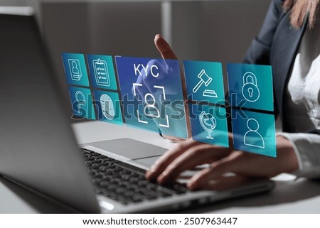 Interactive KYC compliance interface with the user. Business professional interacting with a Know Your Customer (KYC) compliance and security interface on digital screen. Identity verification, E KYC	