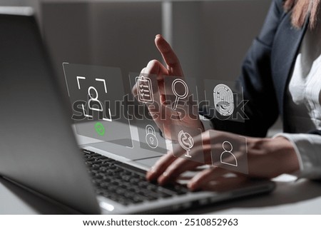 Interactive KYC compliance interface with the user. Business professional interacting with a Know Your Customer (KYC) compliance and security interface on digital screen. Identity verification, E KYC	