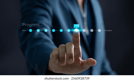 Interactive Progress Tracking. BusinessmanTouching Digital Progress Bar to Monitor Goal Achievement and Project Advancement, Ideal for Productivity and Technology Concept. - Powered by Shutterstock - Get 15% off with code: PIKWIZARD15