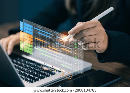 Interactive project timeline dashboard on a laptop with Gantt chart visualization, illustrating project planning, task scheduling, workflow management, team collaboration, and business productivity.