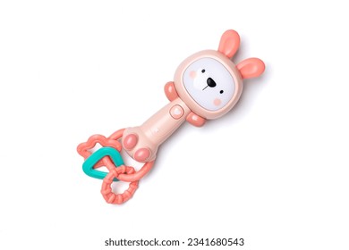 interactive rattle toy in shape of rabbit isolated on white background Kawaii toys