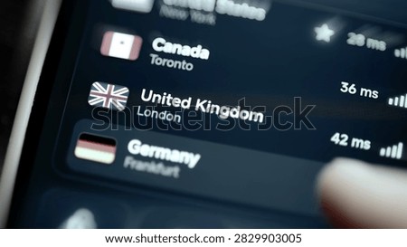 Interactive Server list compares Canada United Kingdom and Germany Stock Photograph