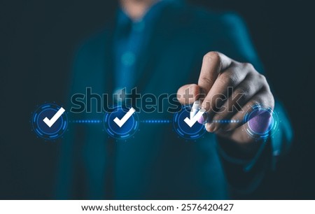 Interactive Workflow Progress and Achievement. Businessman Using Digital Check Mark System to Track Task Completion. Success, and Innovative Task Management Solutions