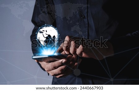 Interconnect, Interconnected Concept; Technology digital marketing, Financial and banking, Businessman using smart phone mobile on blurred background