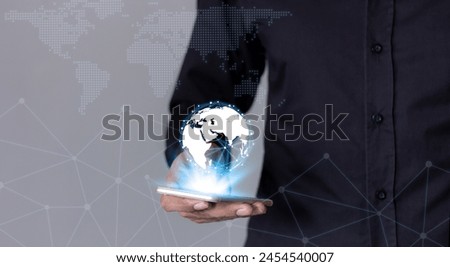 Interconnect, Interconnected Concept; Technology digital marketing, Financial and banking, Businessman using smart phone mobile on blurred background