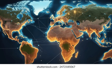 Interconnected global trade network visualized through a 3D model of shipping lanes