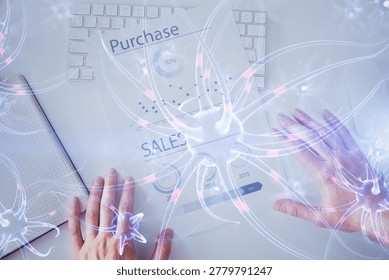Interconnected neuron cells with glowing link knots in electrical pulses with man working background. Double exposure. - Powered by Shutterstock - Get 15% off with code: PIKWIZARD15
