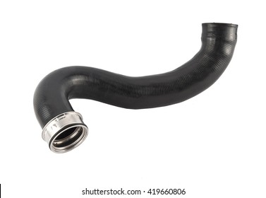 Intercooler Pipe Which Is Placed In The Air Filter Flow Between The Turbocharger And The Engine Intake. Car Rubber Intake Radiator Hose Isolated On White Background. 