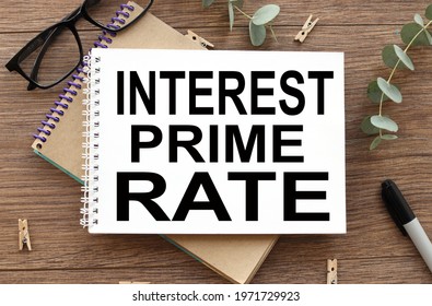 Interest Prime Rate, Text On White Notepad Paper On Wood Table.