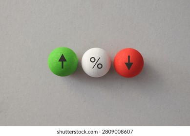 Interest rate comparison with increase decrease and percentage symbols on wooden balls