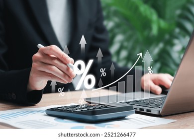 Interest rate, Dividend yield concept, Businesswomen calculating profits and costs Investment strategies long-term growth, Retirement planning, compensation fund, Saving targets, Stock market returns