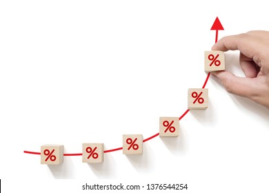 Interest Rate Financial And Mortgage Rates Concept. Hand Putting Wood Cube Block Increasing With Icon Percentage Symbol Upward Direction