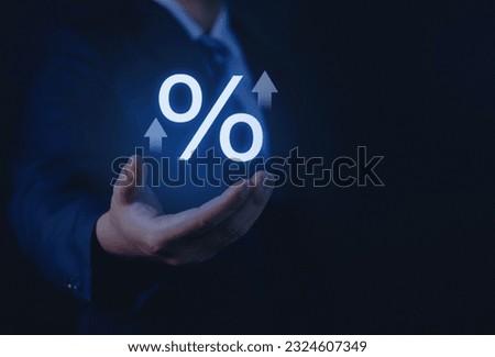 Interest rate in hand, financial businessman and mock interest rate increase with percentage symbol
