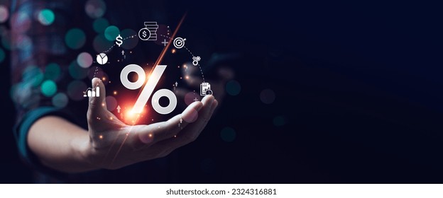 interest rates and dividends, investment returns, income, retirement Compensation fund, investment, dividend tax, upward direction percentage symbol. saving money for investment, long term investment - Shutterstock ID 2324316881
