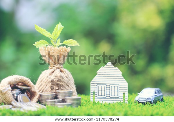 Interest rates, Growing plant on Money\
bag with model house and miniature car model on natural green\
background, Business investment and real estate concept\
