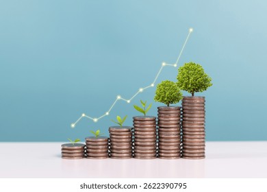 Tasas de interés, ahorro de dinero, dividendos y crecimiento de la inversión. Las monedas con árbol en crecimiento con remanente de moneda indican crecimiento del negocio o aumento de las tasas de interés