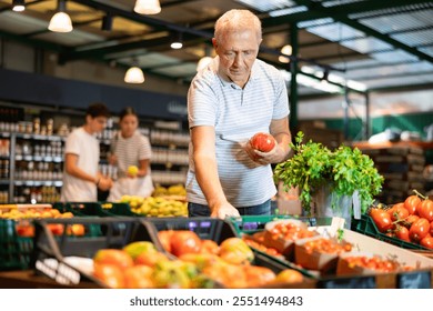 Interested elderly man shopping for organic vegetables in local farm store, choosing ripe tomatoes on produce display.. - Powered by Shutterstock