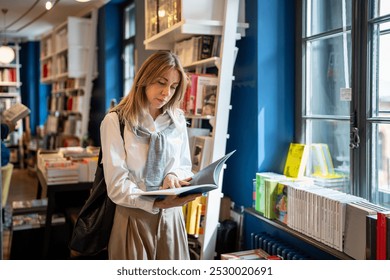 Interested focused middle aged woman spending free leisure time choosing book shopping in bookstore. Thoughtful mature female with book in hands standing near bookcase in library, enjoying reading. - Powered by Shutterstock