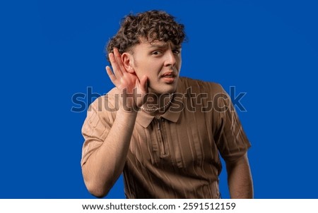 Interested guy asks WHAT, not hear. Whisper quiet sound. Hearing, loss and deaf, problems with misunderstanding. High quality 