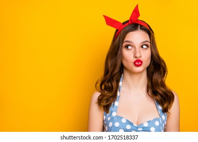 Interested Positive Girl Celebrate 14-february Event Search Perfect Boyfriend Look Copyspace Send Air Kiss Wear Polka-dot Singlet Vintage Dress Isolated Bright Shine Color Background