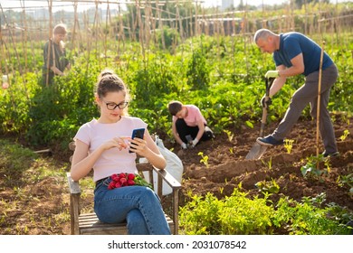 Interested Teen Girl Having Break From Work In Family Garden, Sitting In Chair And Using Phone .