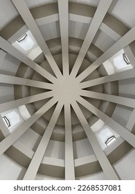 An interesting architectural execution of a round ceiling with windows. It looks like a star with many rays.