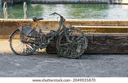 interesting old reddish brown rusty ladies bike pulled from river, lots of dirt and stones, moss, grass sticking to bike, violet chain lock, corona breath protection mask on front wheel
