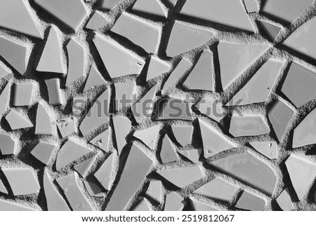 Interesting pattern of ceramic tiles plastered to a decorative wall in black and white.