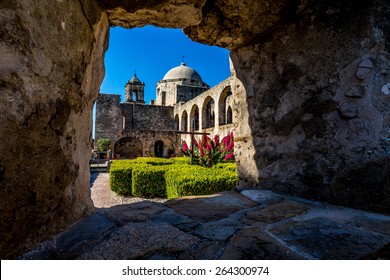 Interesting View Through a Window Through Thick Stone Walls of the Court Yard of the Historic Old West Spanish Mission San Jose, Founded in 1720, San Antonio, Texas, 