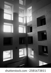 Interestingly arranged windows, a building constructed in the Soviet Union.