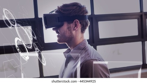 interface against businessman using virtual reality device