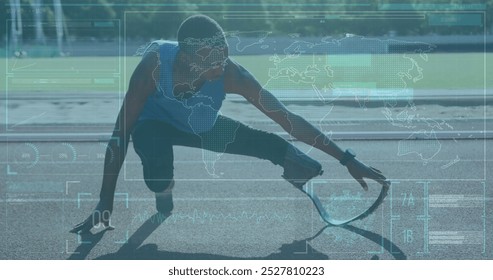 Interface with data processing against african american male athlete with prosthetic leg stretching. Sports technology concept - Powered by Shutterstock