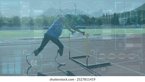 Interface with data processing against african american male athlete with prosthetic leg stretching. Sports technology concept - Powered by Shutterstock