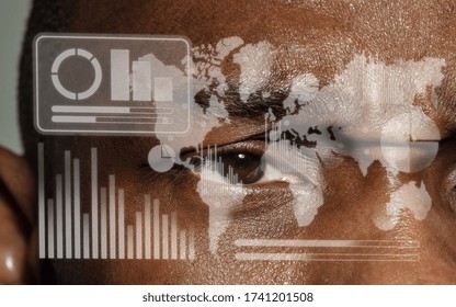 Interface modern technology and digital layer effect in front of human eye full of hope as business, finance crisis, economics recession, unemployment concept. Analyzing information, neon icons.