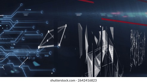 Interface showing glowing circuits and arrows, white triangular net, polygon shapes and red accents. Futuristic, technology, digital, network, abstract, innovation, cybersecurity