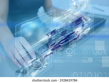 Interface showing information and statistics with hands of woman using computer mouse and keyboard. global communication technology digital interface concept, digitally generated image. - Powered by Shutterstock - Get 15% off with code: PIKWIZARD15
