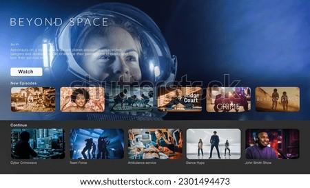Interface of Streaming Service Webpage. Online Subscription Offers TV Shows, Realities, Fiction Films. Screen Replacement for Desktop PC and Laptops With Featured Science Fiction Television Show.