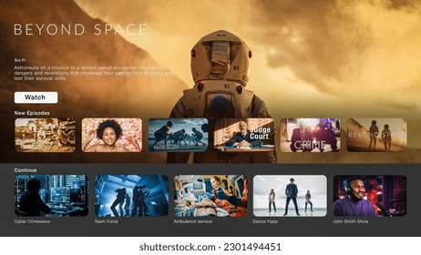 Interface of Streaming Service Website. Online Subscription Offers TV Shows, Realities, and Fiction Films. Screen Replacement for Desktop PC and Laptops With Featured Science Fiction Television Show. - Shutterstock ID 2301494451