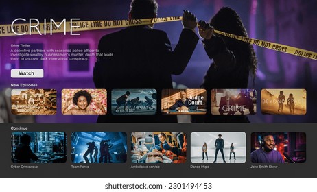 Interface of Streaming Service Website. Online Subscription Offers TV Shows, Realities, and Fiction Films. Screen Replacement for Desktop PC and Laptops With Featured Crime Thriller Television Show. - Shutterstock ID 2301494453