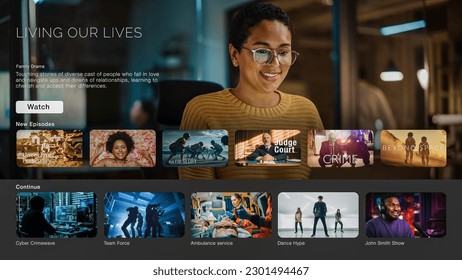 Interface of Streaming Service Website. Online Subscription Offers TV Shows, Realities, Fiction Movies, and Podcasts. Screen Replacement for Desktop PC and Laptops With Featured Family Drama.