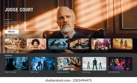 Interface of Streaming Service Website. Online Subscription Offers TV Shows, Fiction Films, Podcasts. Screen Replacement for Desktop PC and Laptops With Featured Reality Television Courthouse Show. - Shutterstock ID 2301494475