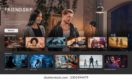 Interface of Streaming Service Website. Online Subscription Offers TV Shows, Realities, Fiction Films. Screen Replacement for Desktop PC and Laptops With Featured Sitcom Comedy Television Show. - Shutterstock ID 2301494479