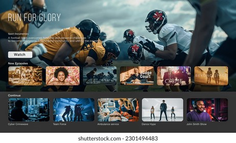 Interface of Streaming Service Website. Online Subscription Offers TV Shows, Realities, Fiction Films. Screen Replacement for Desktop PC and Laptops With Featured Professional Sports Documentary. - Shutterstock ID 2301494483
