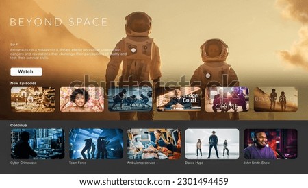 Interface of Streaming Service Website. Online Subscription Offers TV Shows, Realities, Fiction Films. Screen Replacement for Desktop PC and Laptops With Featured Science Fiction Television Show.