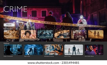 Interface of Streaming Service Website. Online Subscription Offers TV Shows, Realities, Fiction Films. Screen Replacement for Desktop PC and Laptops With Featured Crime Thriller Television Show.