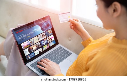 Interface of video distribution service. Subscription service. Streaming video. communication network.