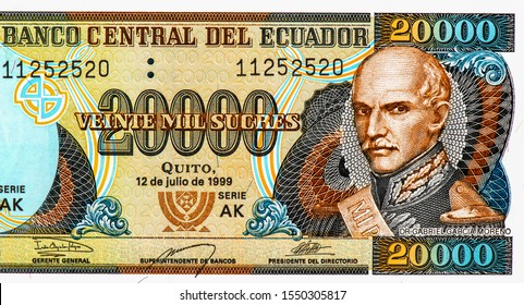 Interim President Of Ecuador Dr. Gabriel García Moreno (1821 - 1875). Portrait From Ecuador 20000 Sucres 1995-1999 Banknotes. 