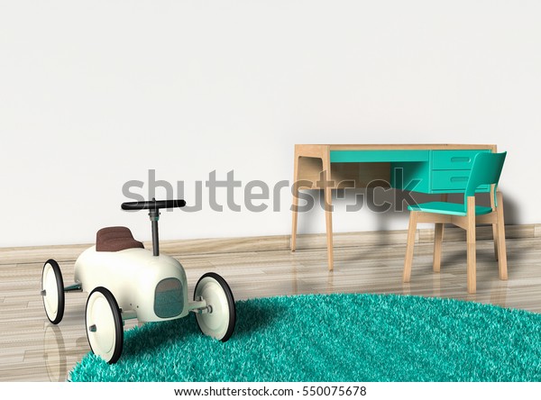 Interior 3D Render.Child\'s play room with modern\
desk and chair near retro toy car with four wheels and steering\
wheel, on wood parquet, shaggy carpet, white wall. Copy space or\
room for text.
