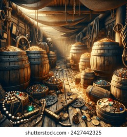 INTERIOR OF ANCIENT WOODEN PIRATE BOAT WITH BARRELS AND PIRATES JEWELS AND COINS OBJECTS